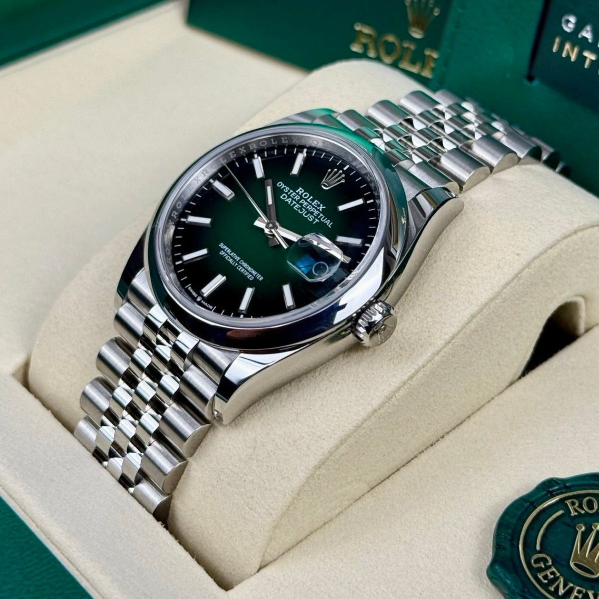 Rolex Datejust 36 126200 Grün Ombré Jubilee – Neu, Fullset 10/2026